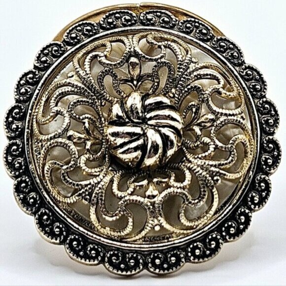 Vintage West Germany Scarf Ring Hinge Clip Gold Tone Ornate 3D Design Round - Picture 3 of 9
